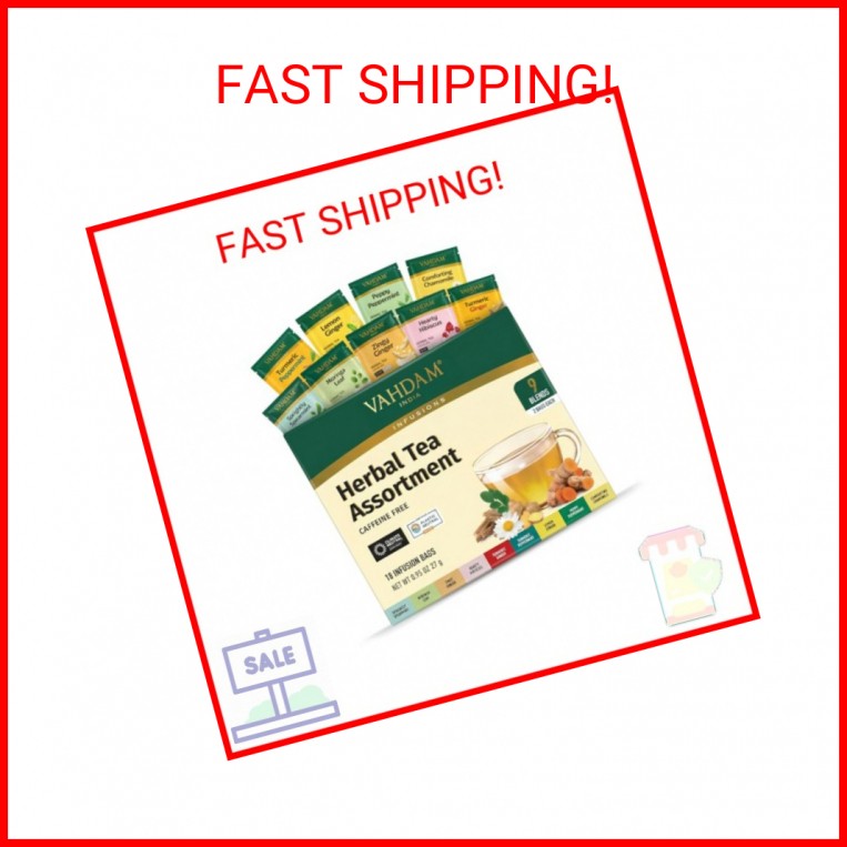 VAHDAM, Assorted Herbal Tea Sampler (18 Tea Bags, 9 Flavors) Caffeine-Free, Non-