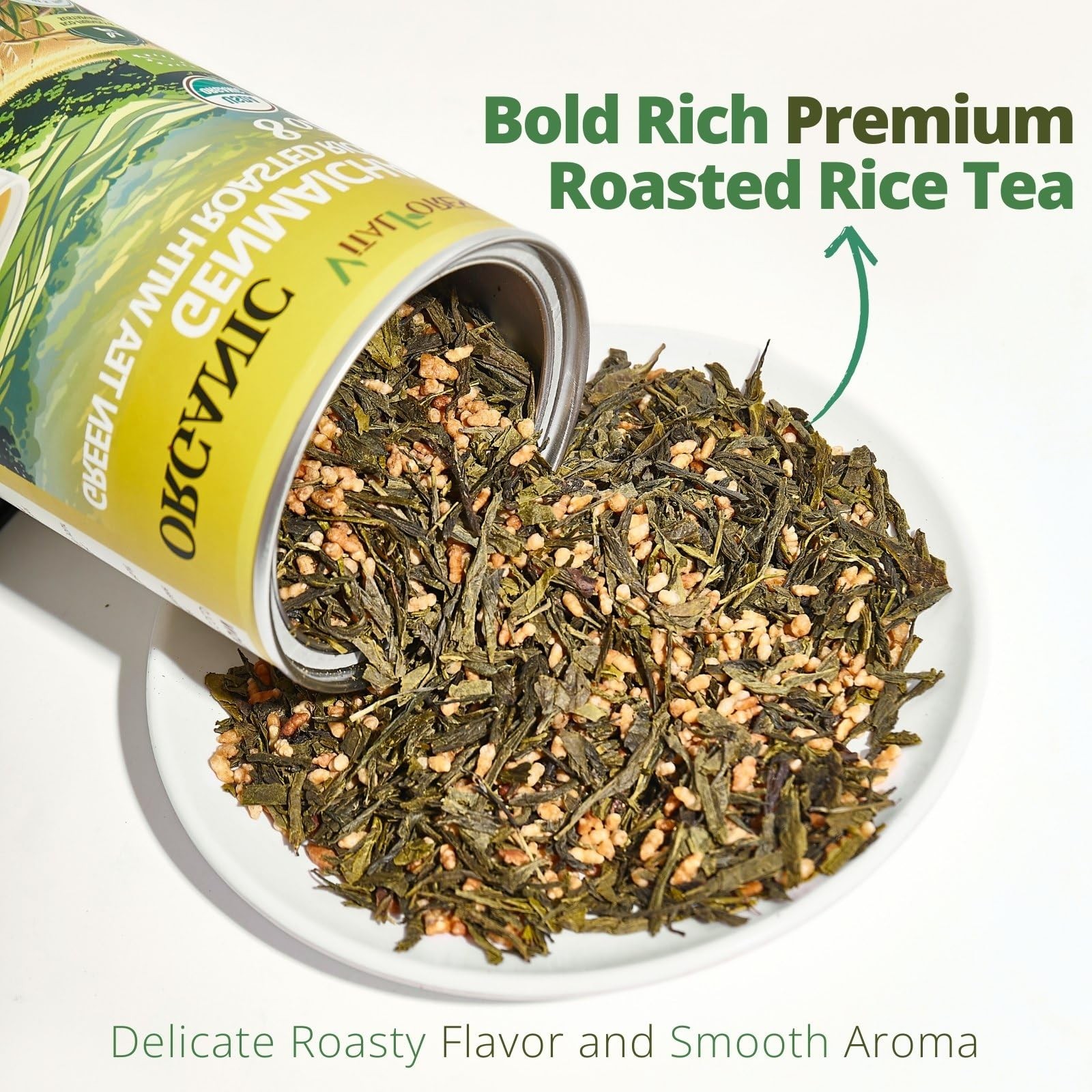 Organic Genmaicha Green Tea Loose Leaf – Roasted Rice, Smooth Flavor 8oz