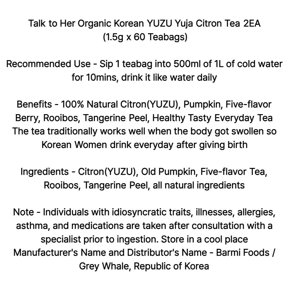 Talk to Her Tongtong Ibyeol Tea Yuzu Citron 60 Teabags 2 Packs Blended Herbal