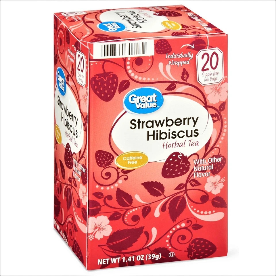 Great Value Strawberry Hibiscus Herbal Tea, 20 Tea Bags (Pack of 2)