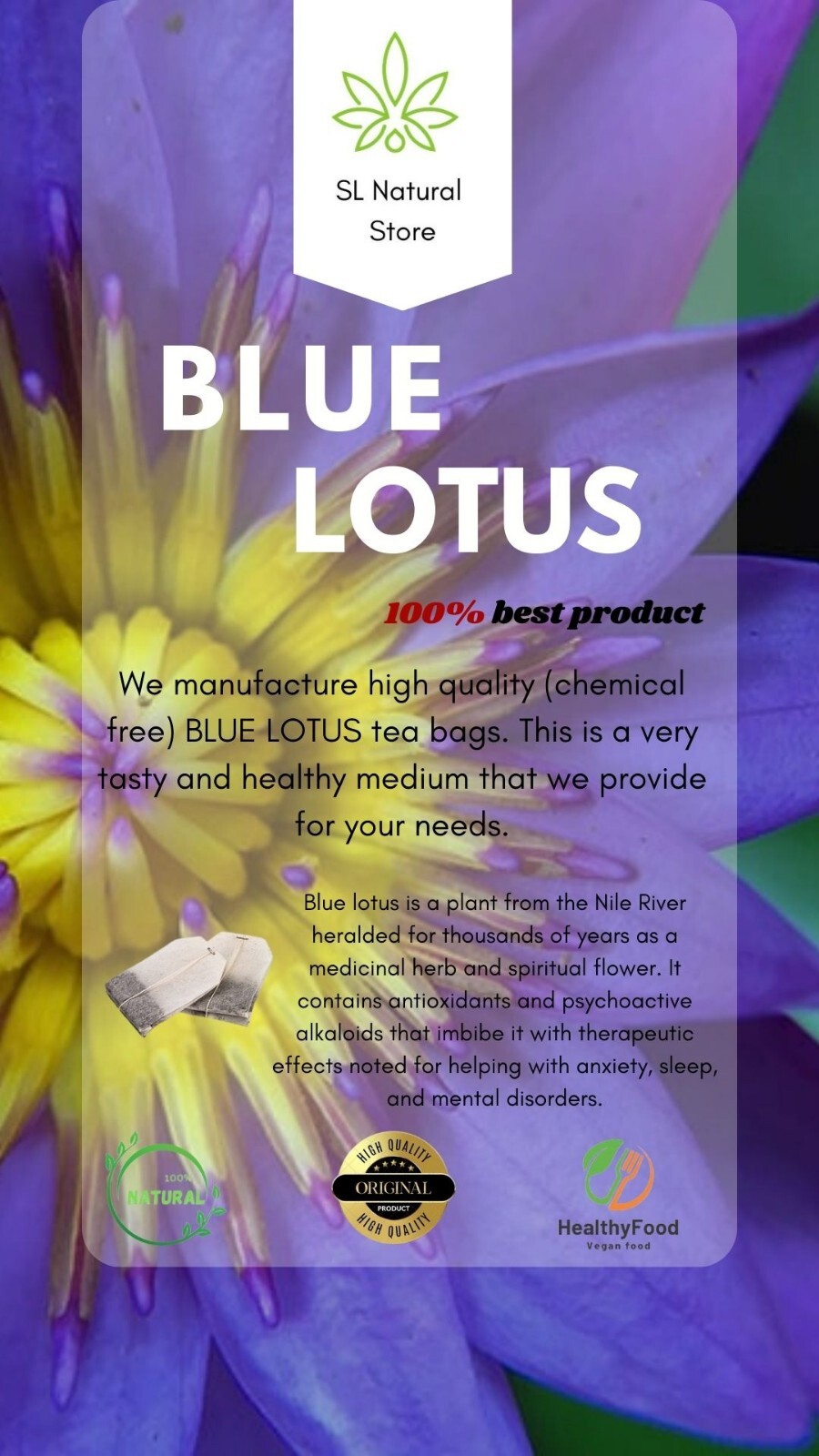 Dried Organic Blue Lotus Flower Petals Herbal drink Tea Bag Nymphaea Caerulea