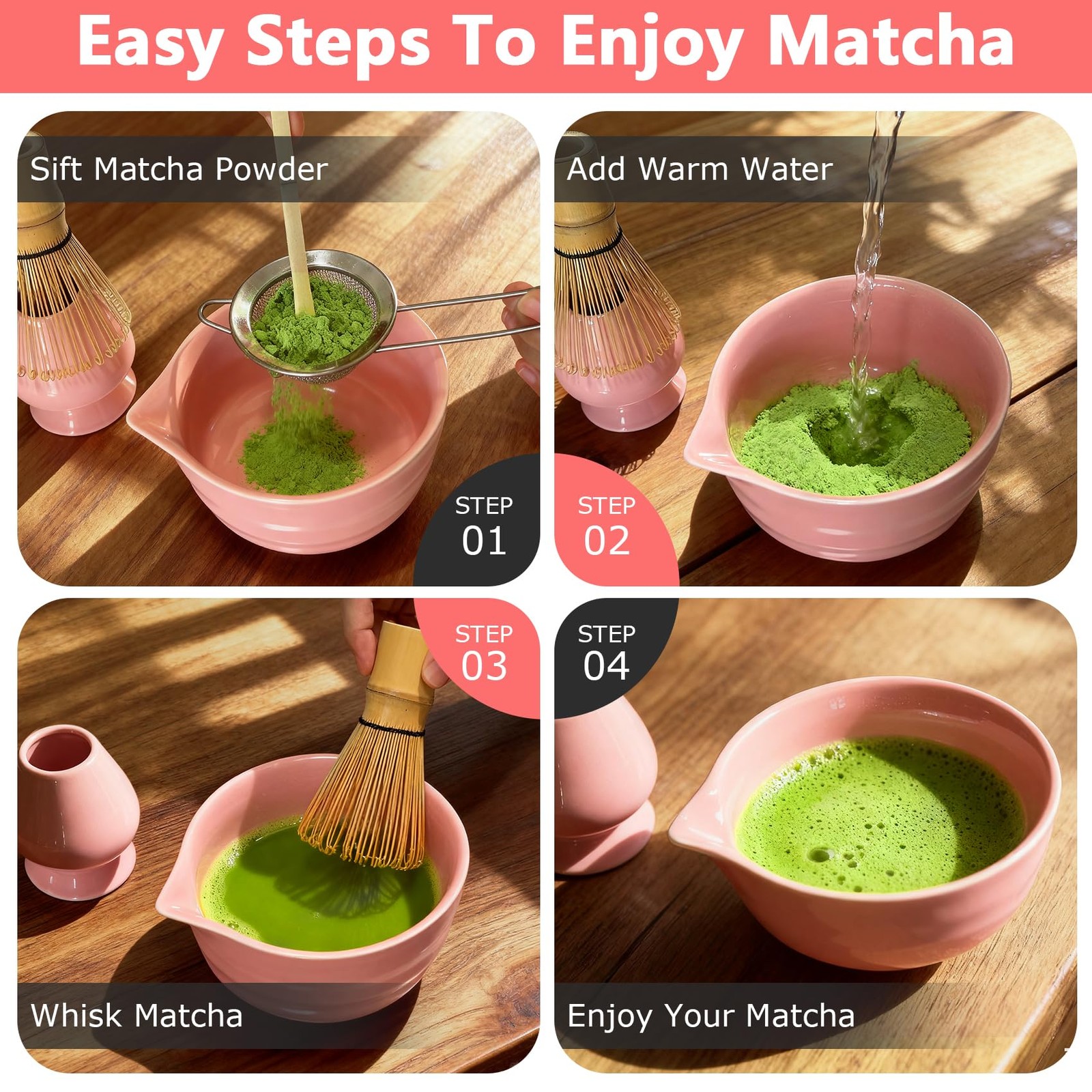 Matcha Whisk Set Cute 18 oz Matcha Bowl Kit 5 pcs Great for Tea Lover Pink