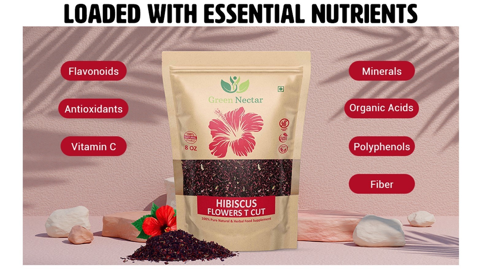 Hibiscus Flowers Tea Cut (Crushed, Dried, 8 OZ) – No Preservatives(1 pack)