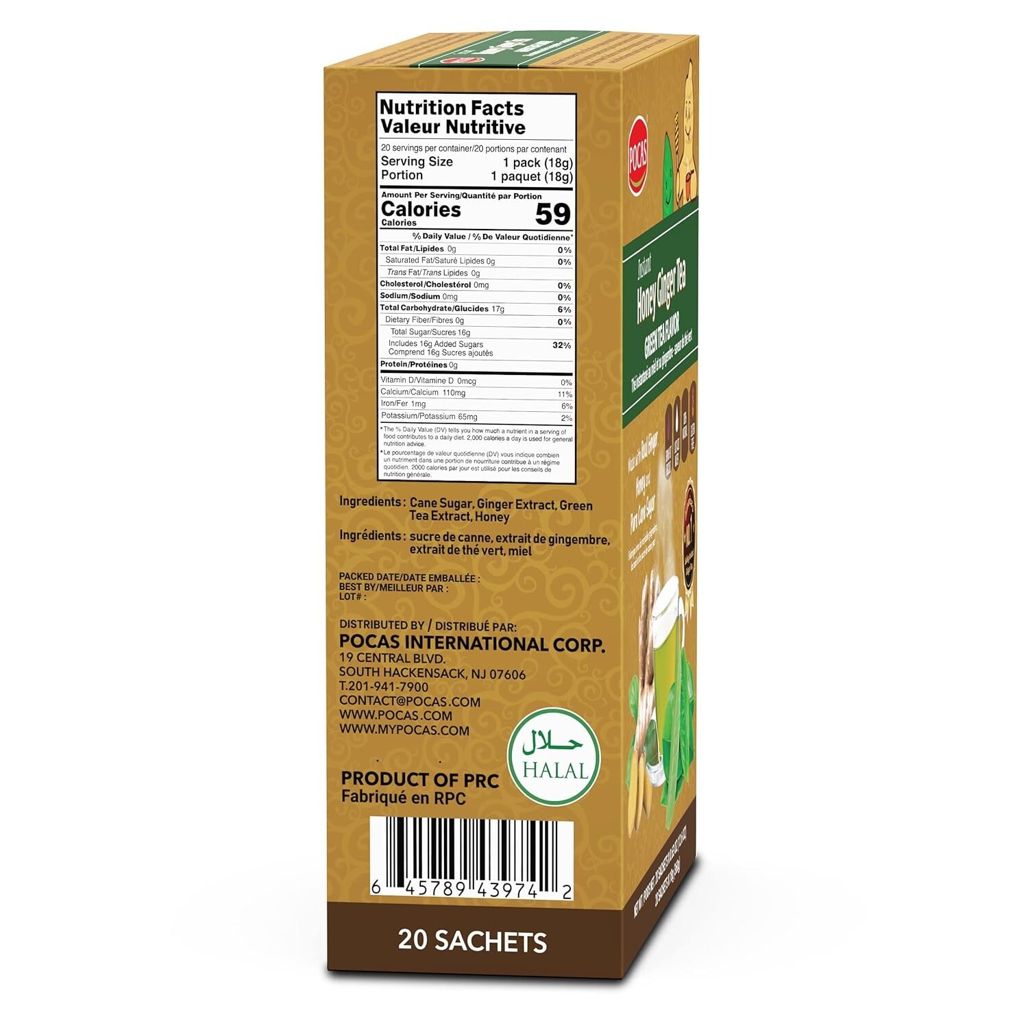 Pocas Honey Ginger Green Tea Flavor Instant Non GMO Gluten Caffeine Free 20 Ct