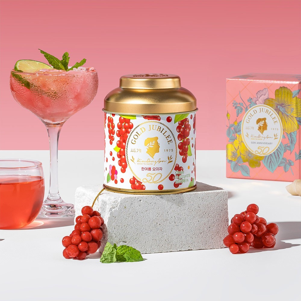 Korean Midsummer Omija Tea 10 Pyramid Bags 20g Five Flavor Golden Tin