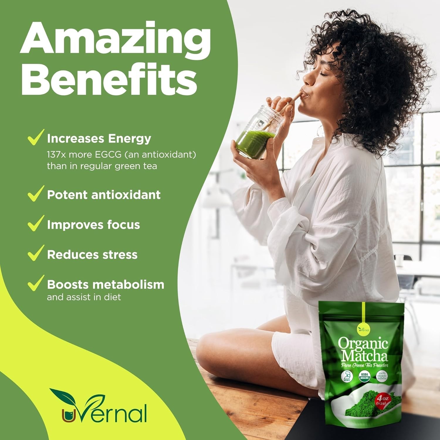 uVernal Organic Matcha Green Tea Powder – 100% Pure Matcha for Latte & Baking
