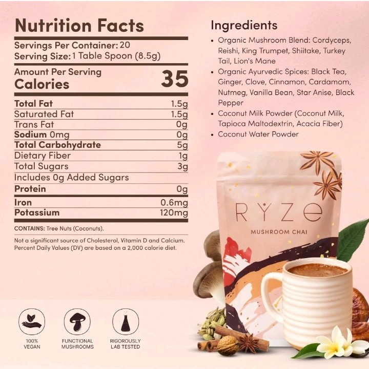 RŸZE Mushroom Chai With 6 Adaptogenic Mushrooms Beverage Powder Exp. 02/2027