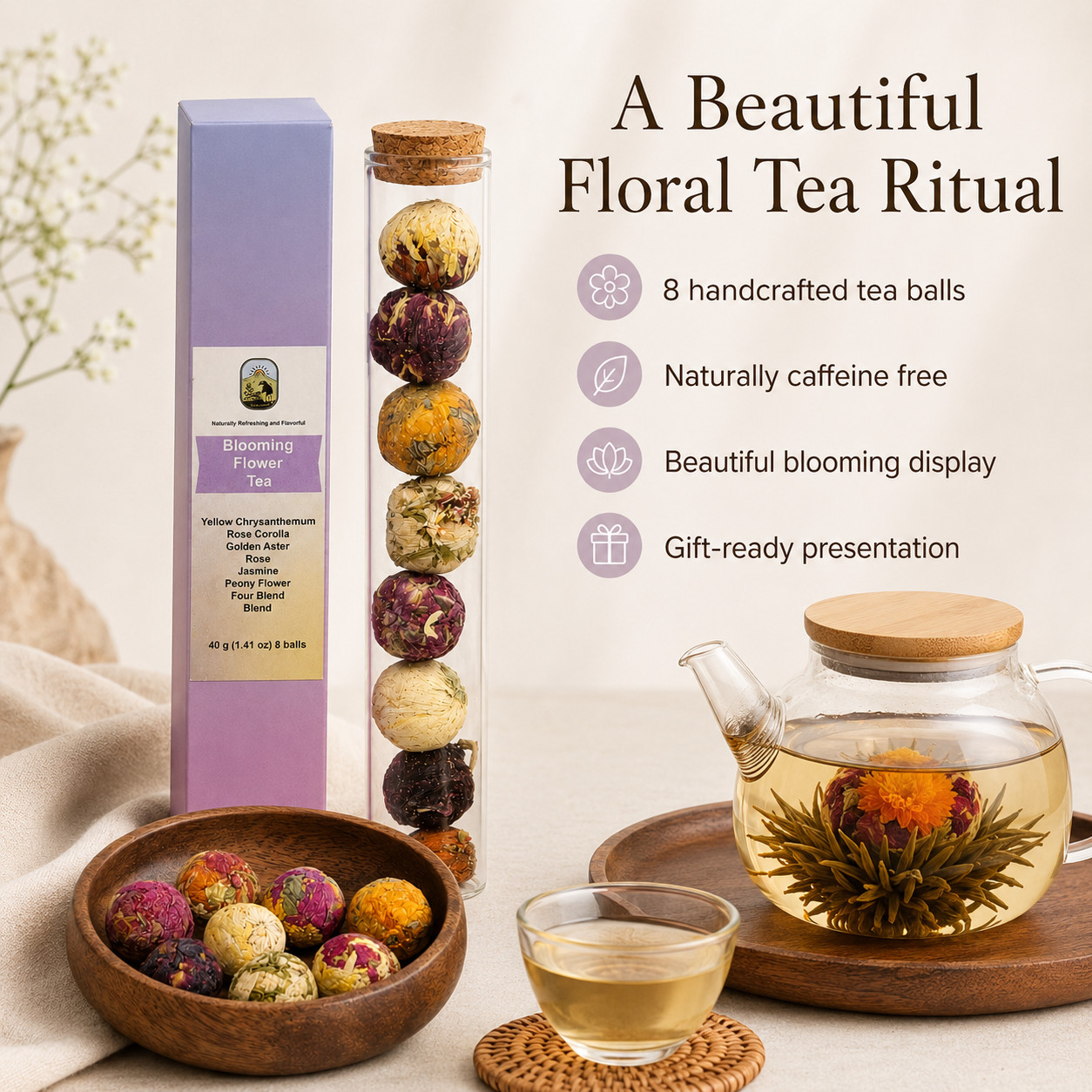 Flowering Tea Balls 8 pack Chinese Blooming Floral Iced Tea 40g Caffeine-Free