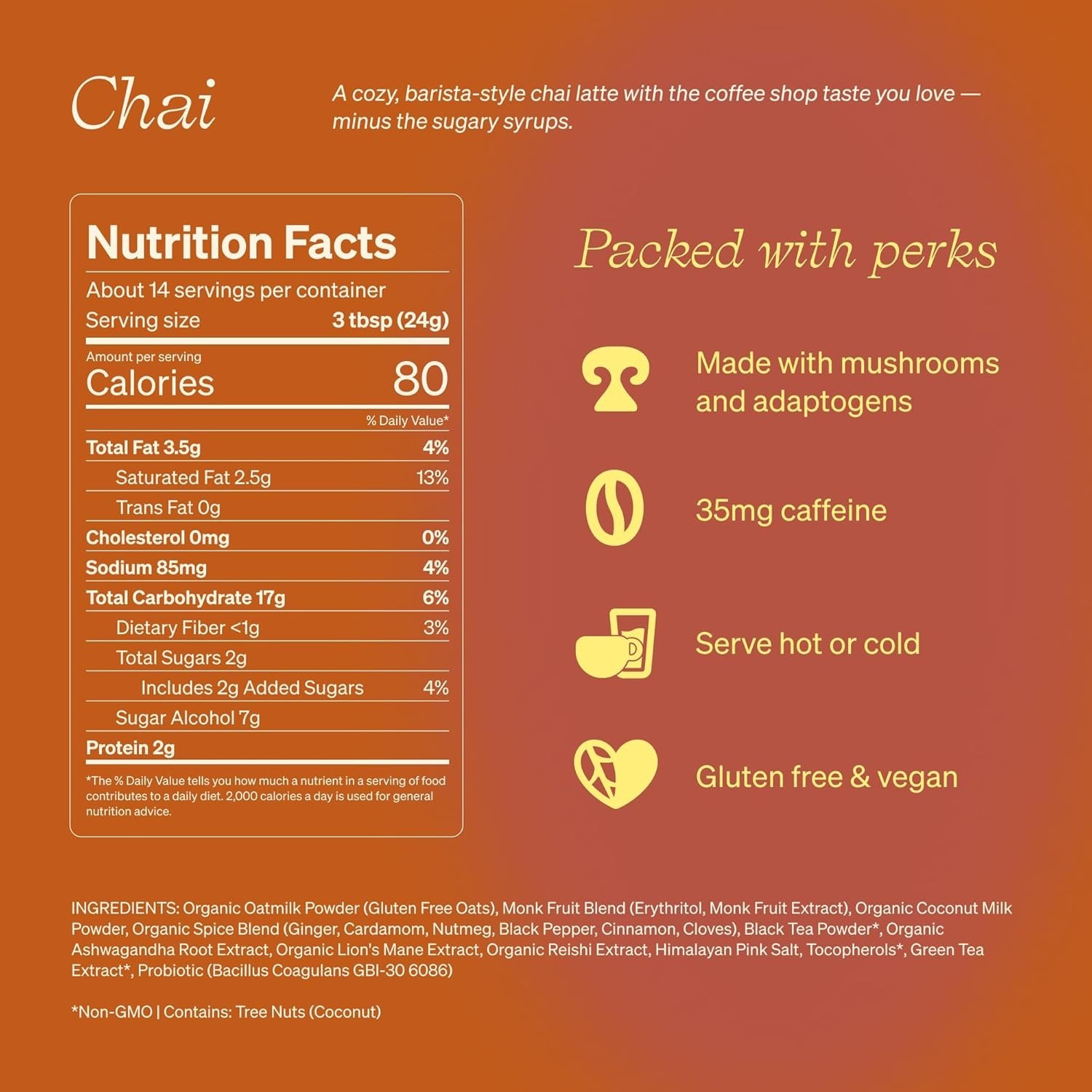Artisanal Chai SuperLatte – Instant Blend with Coconut & Spices – 50mg Caffeine