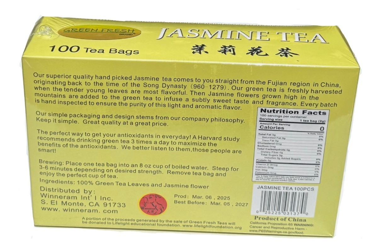 100-Count Tradition Jasmine Green Tea Bags Natural Handpicked from Fujiang 7oz