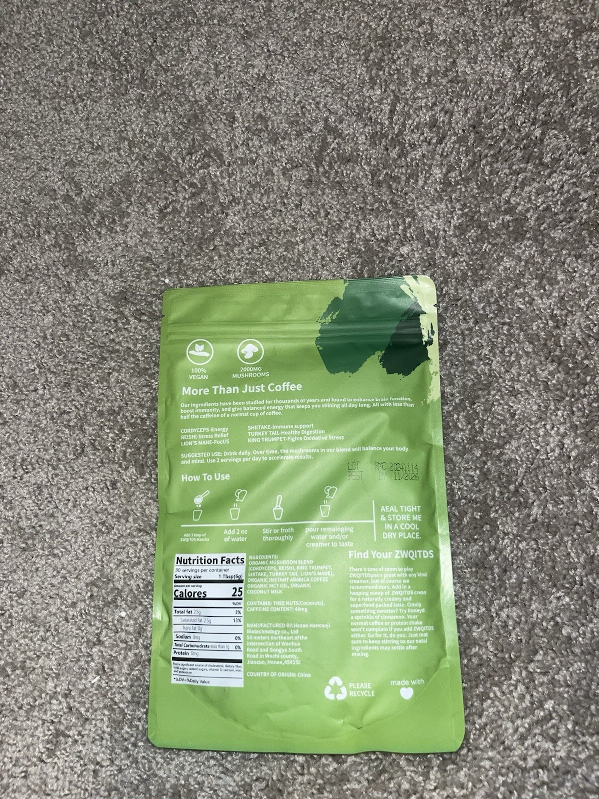 ZWQITDS Mushroom Matcha Tea Powder 6.35 oz 100% Vegan Tea & Infusion Pantry