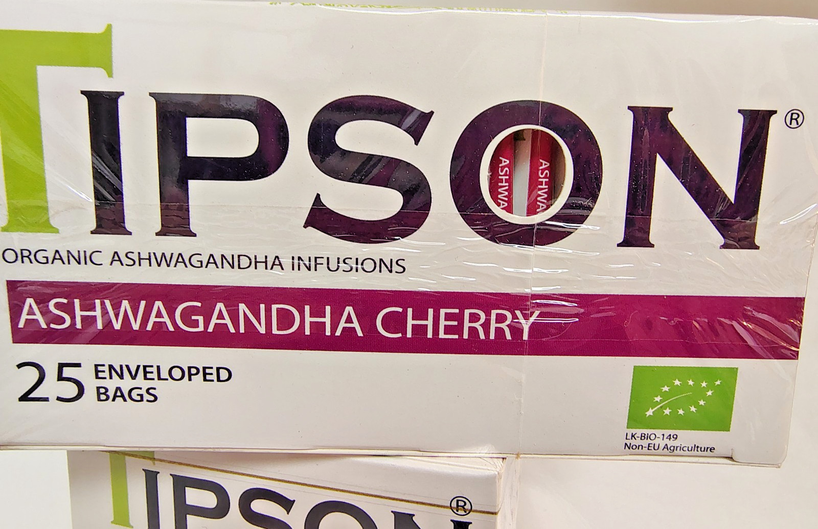 Tipson Ashwagandha Cherry Tea, 25 Bags/Box, Caffeine Free, BB 10/28, Lot of 3