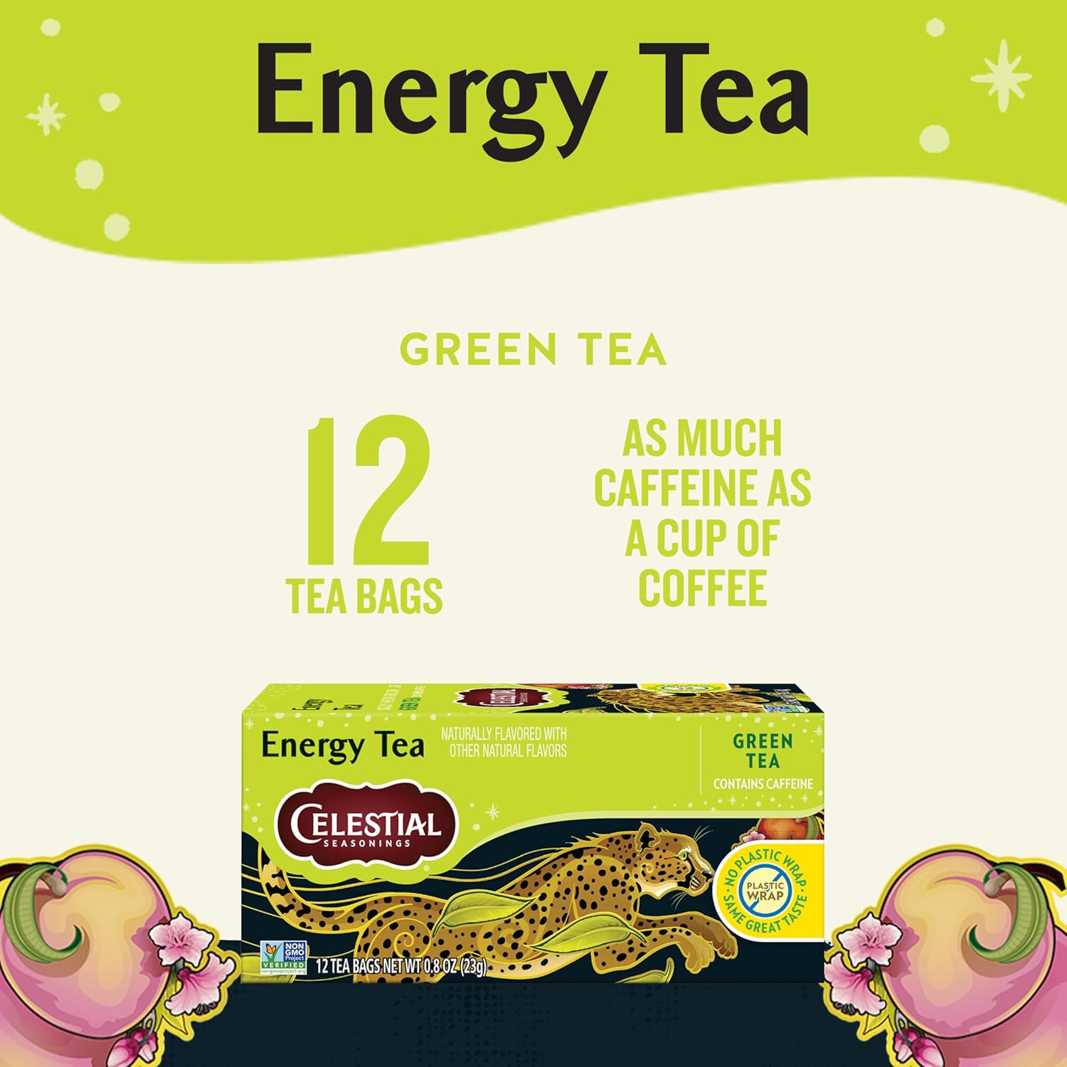 Energy Green Tea, Caffeinated, 12 Tea Bags Box (Pack of 6)