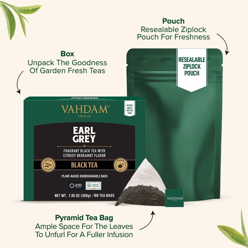 Flavored Black Tea Bags – Earl Grey with Bergamot, 100 Count, Biodegradable Bags