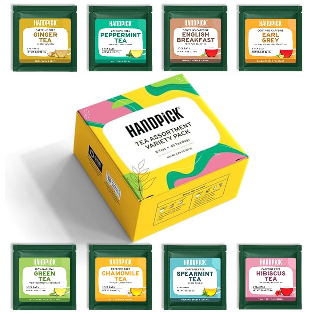 HANDPICK, Tea Bags Sampler Assortment Variety pack Gift Box 8 Flavors, 40 Tea Ba