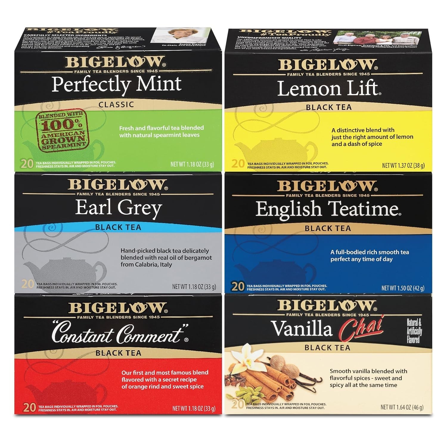 Bigelow Assorted Black Tea Pack – 6 Flavors for Anytime Enjoyment, 120 Count