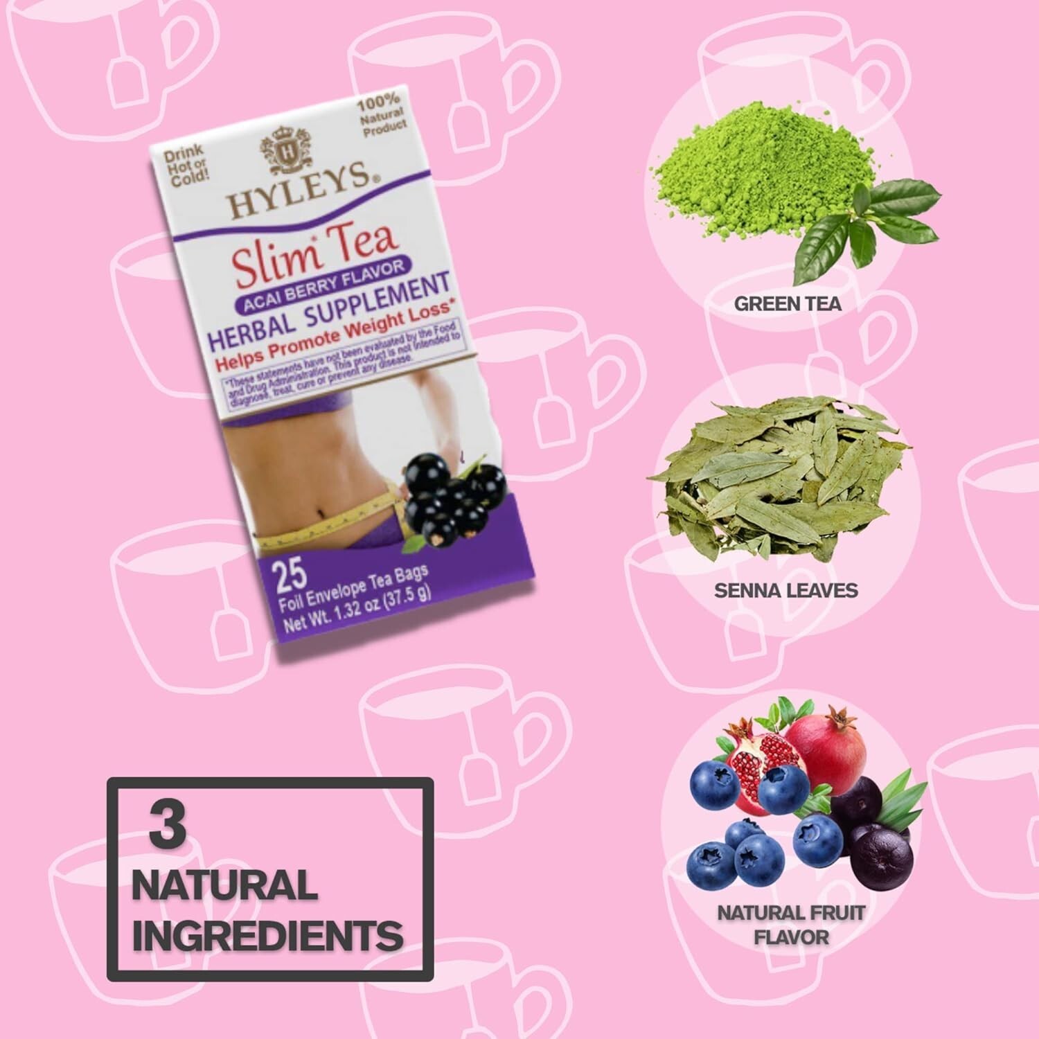 HYLEYS Slim Green Tea ACAI BERRY 50 Tea Bags Helps Promote Weight Loss