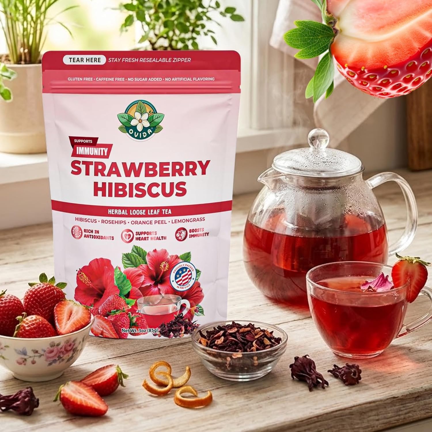 Strawberry Hibiscus Tea, Caffeine-Free Antioxidant Herbal Blend, Loose Leaf 3oz,
