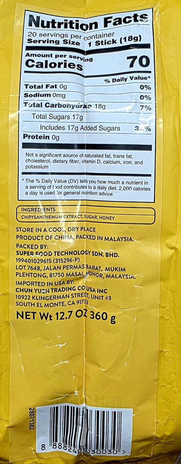 SUPER Chrysanthemum Honey Tea | Instant Drink Malaysia | 20 Sticks 360g