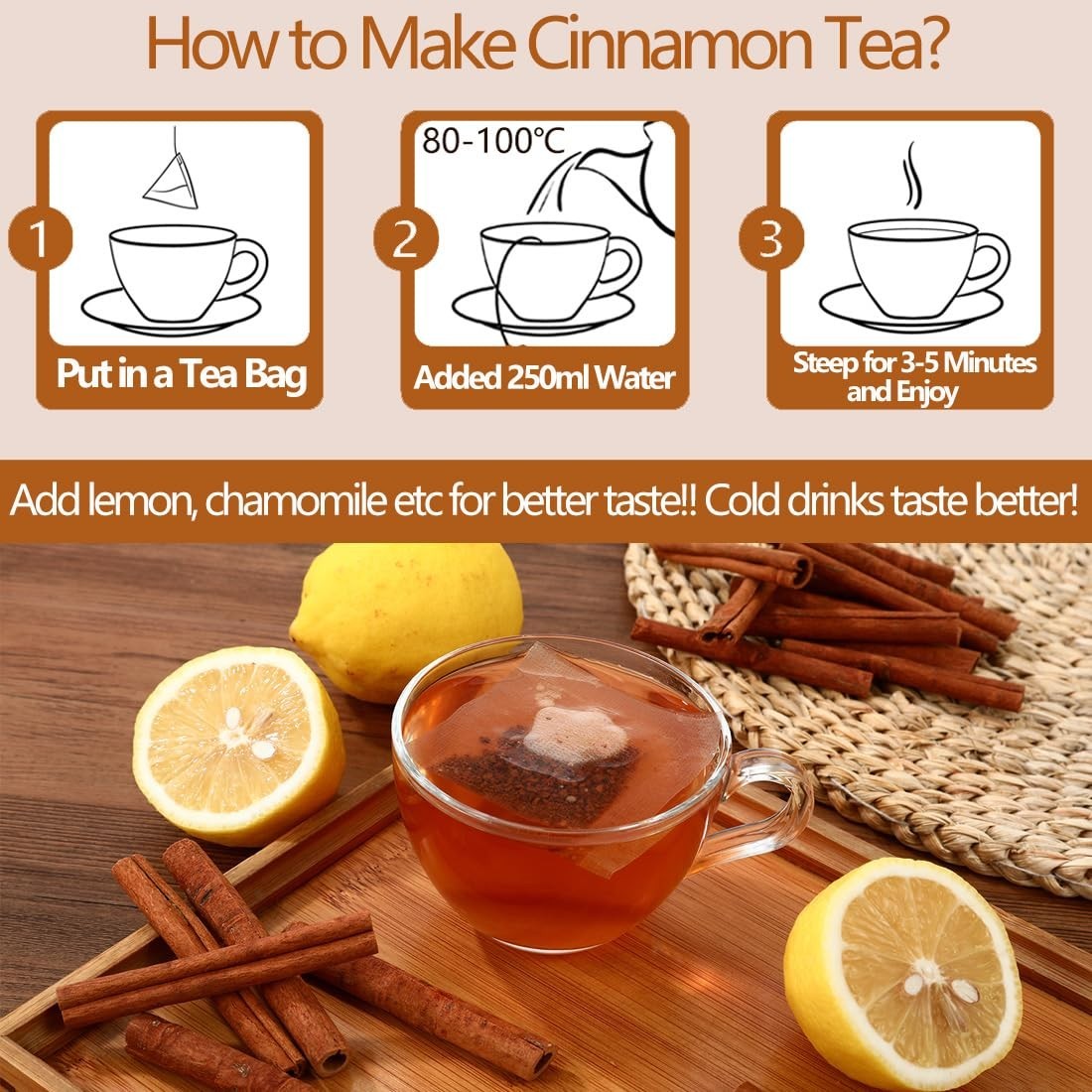 Premium 100 Pure Ceylon Cinnamon Tea Bags, Made with 100% Ceylon Cinnamon Sticks