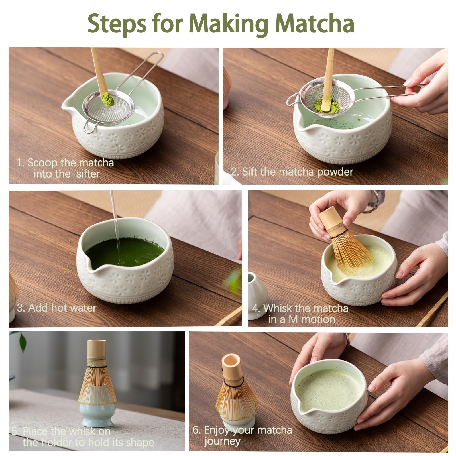 Matcha Whisk Set 7 Pcs Ceramic Kit Includes Bowl, Whisk, Scoop, Sifter