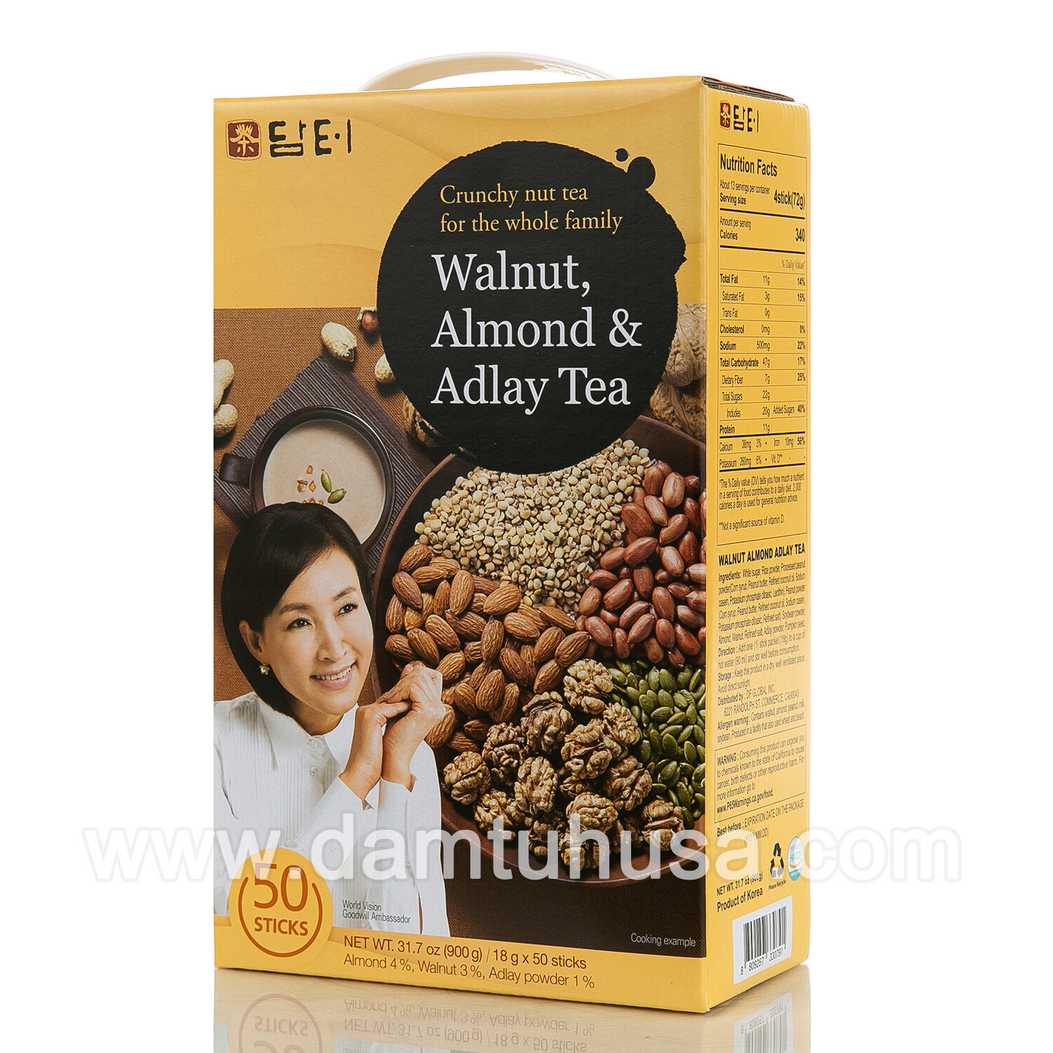 DAMTUH Natural Walnut Almond Adlay Powder Tea 50 Sticks x 1 Box, Korean Tea