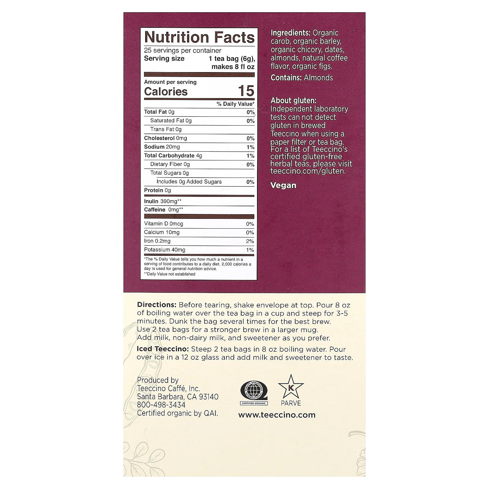 Roasted Herbal Tea, Java, Caffeine Free, 25 Tea Bags, 5.3 oz (150 g)