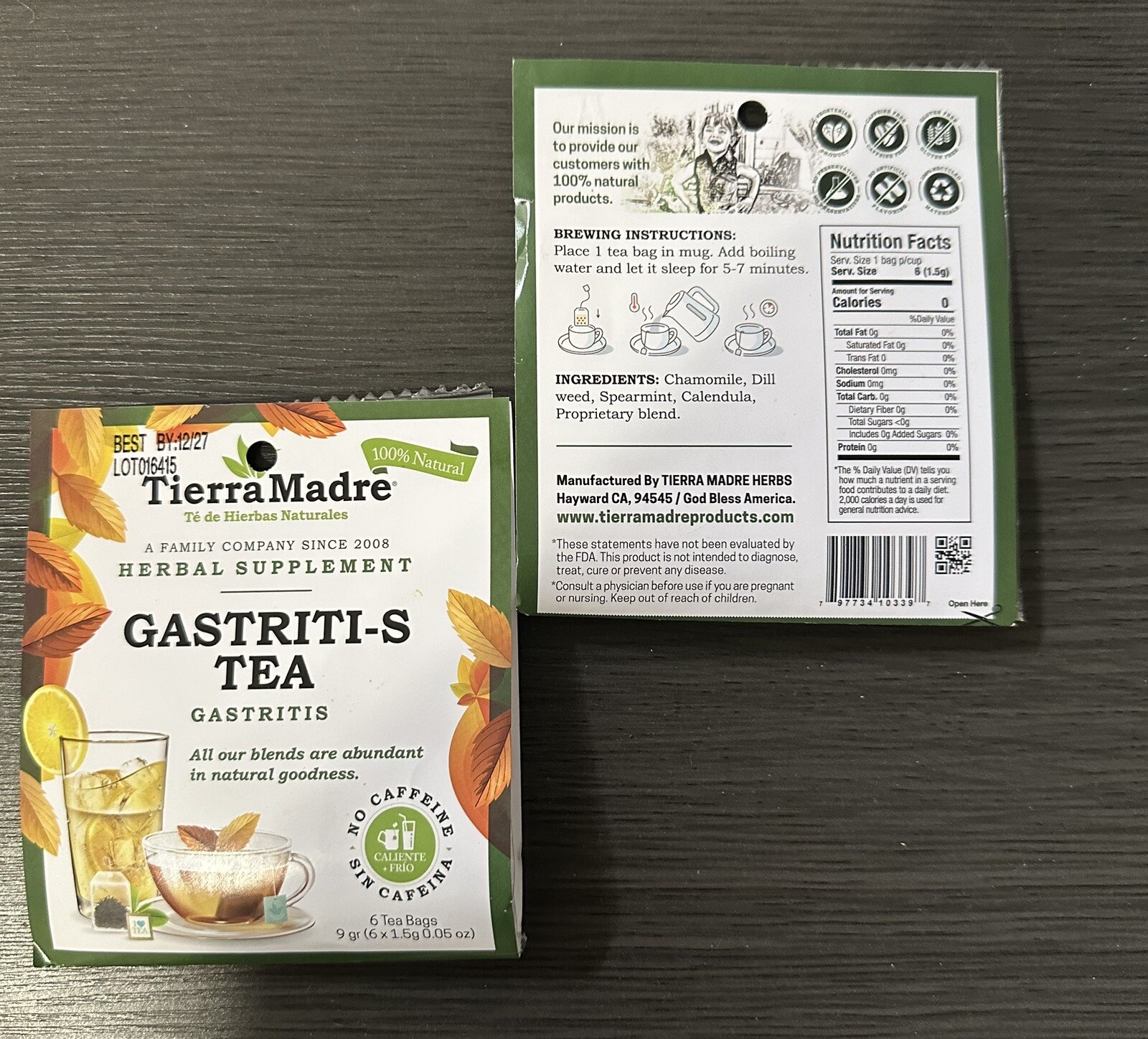 Tierra Madre, mezcla de té de hierbas naturales/Te Gastriti-S/2 pack 10 Tea Bag