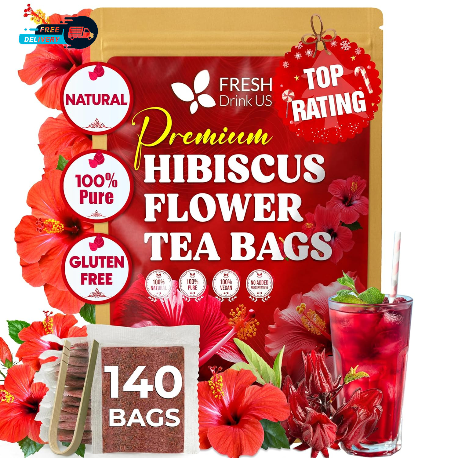 140 Hibiscus Flowers Tea Bags 100% Natural, Pure from Hibiscus Flowers.