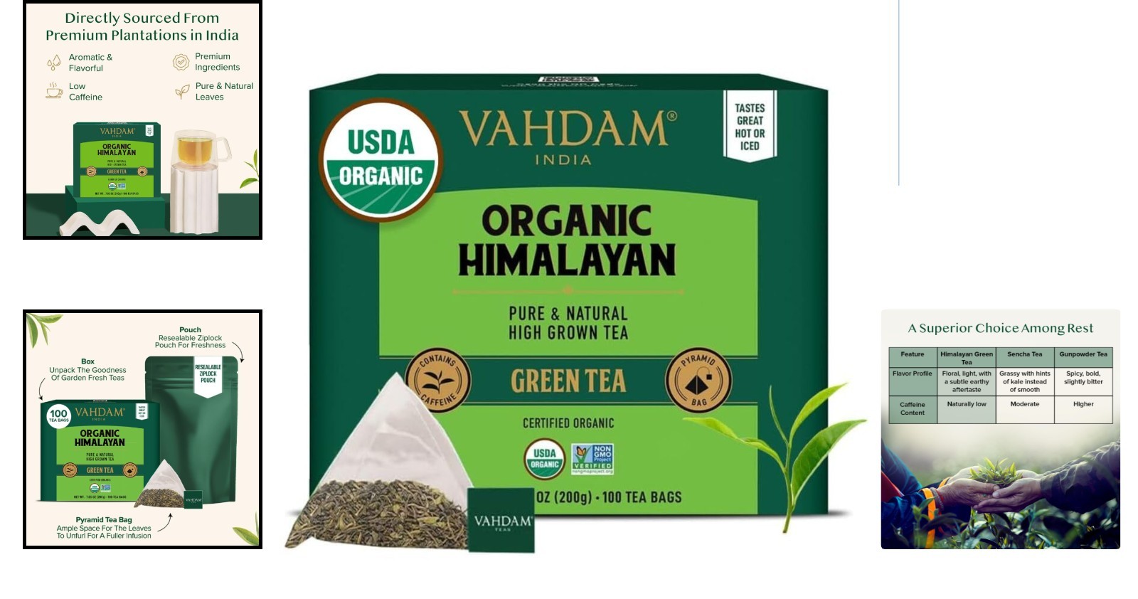 USDA Organic Himalayan Green Tea – 100 Count Pyramid Tea Bags, Low Caffeine