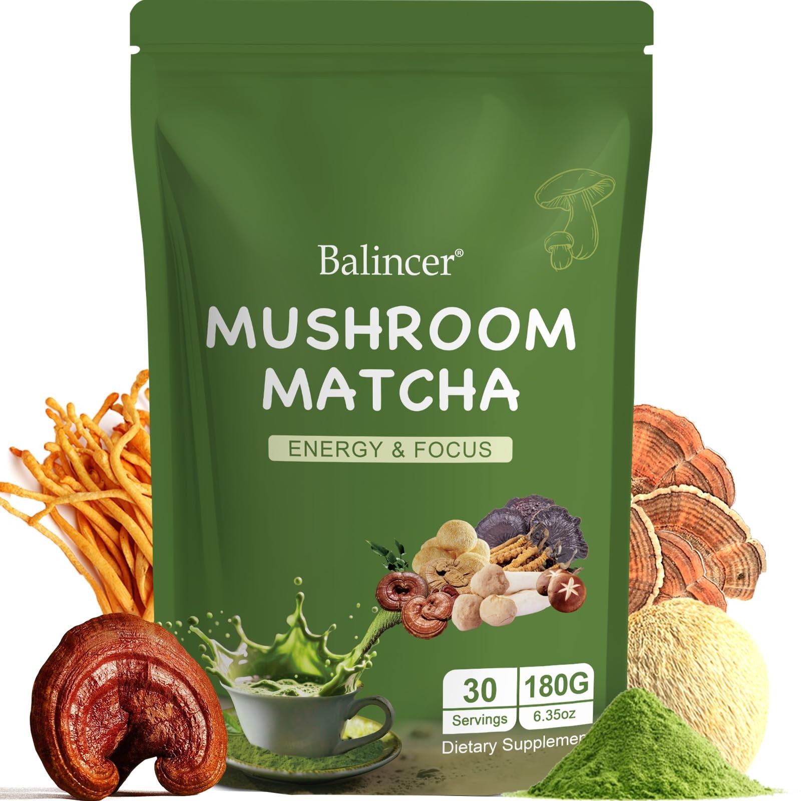Mushroom Matcha, 6 Adaptogenic Mushrooms (Lion’s Mane, Cordyceps, Turkey Tail…