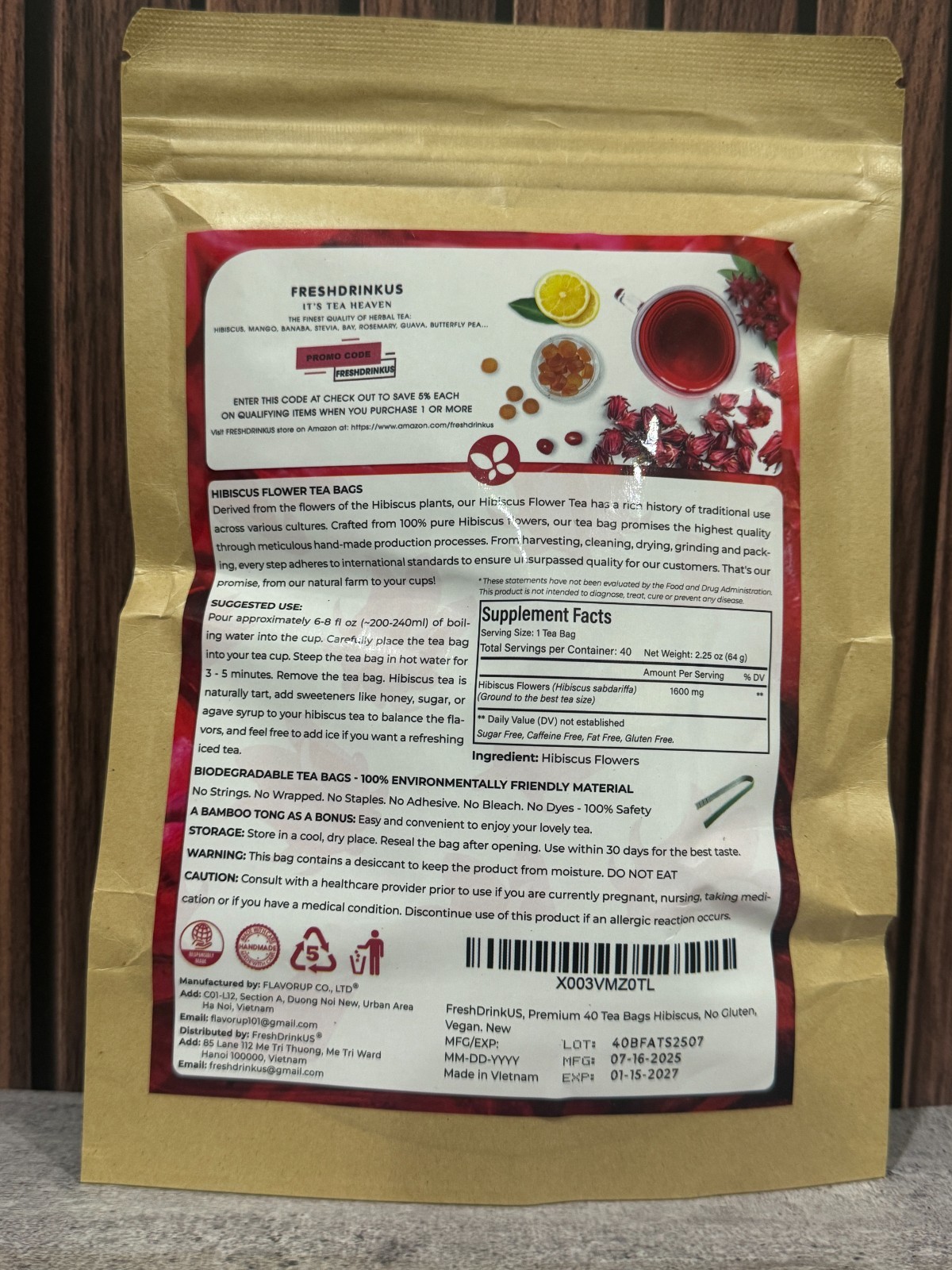 Premium Hibiscus Tea Bags 40ct 100% Natural Pure Flowers Caffeine Free Sealed