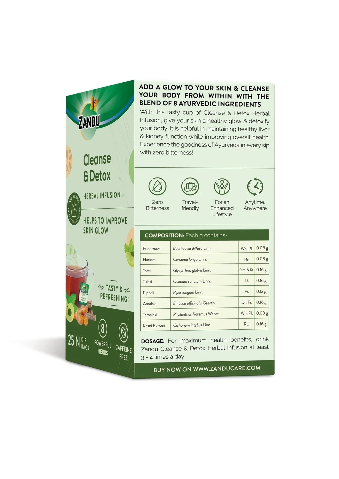 Zandu Cleanse Detox Herbal Green Tea 25 Bags | Skin Glow & Body Detox, 90g