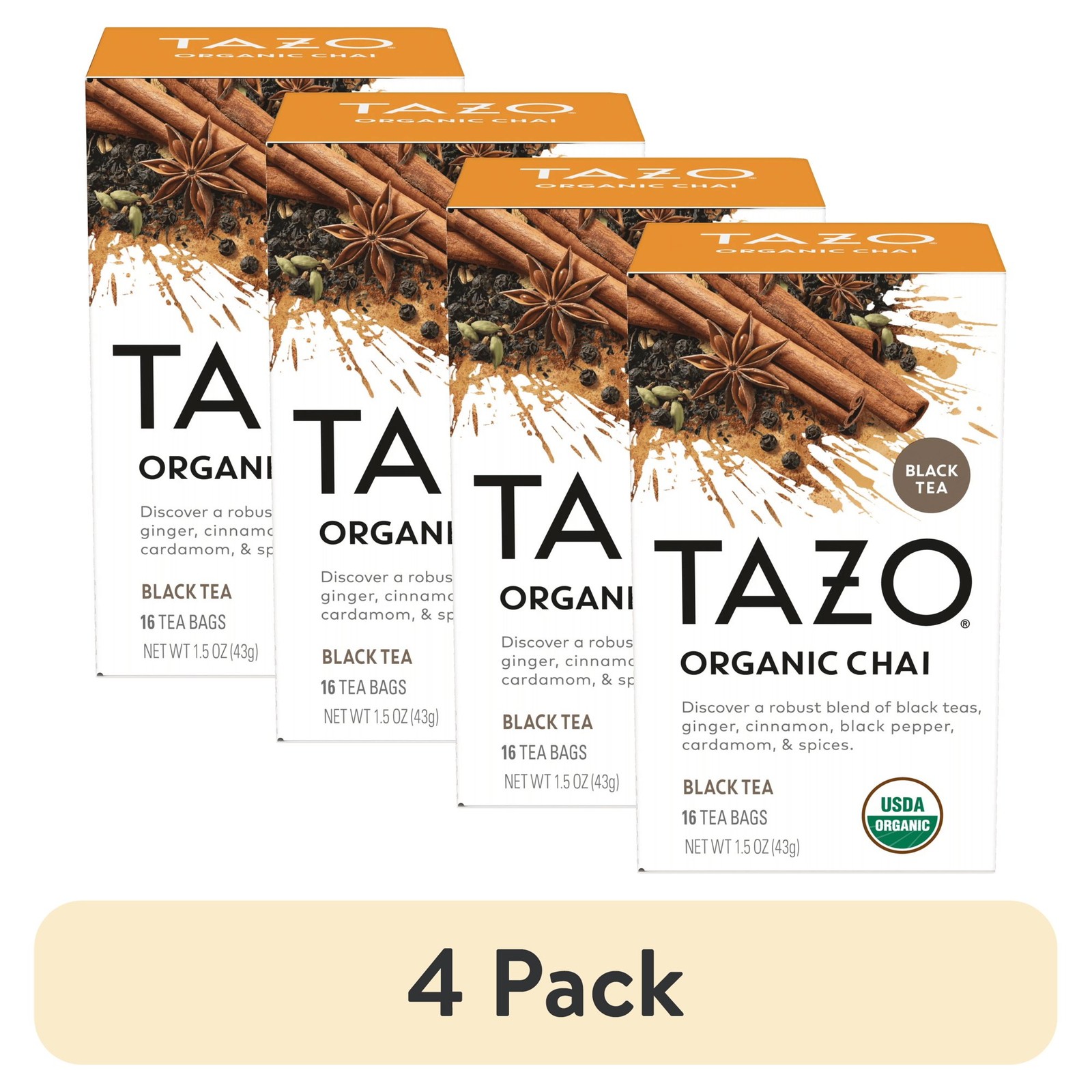 Tazo Organic Chai Black Tea Bags 16 Ct Box (Pack Of 4 Lot) – (64 Total Tea Bags)