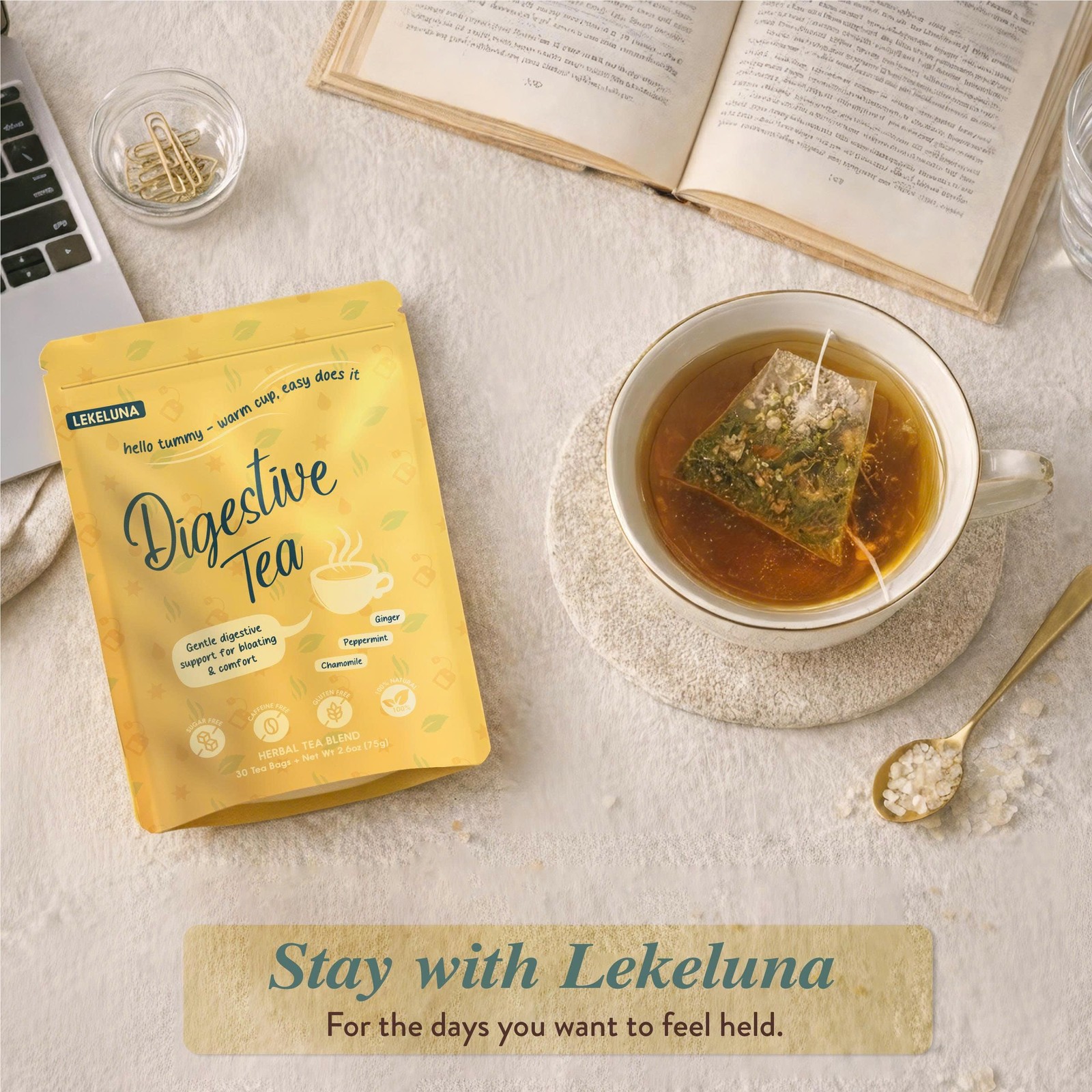 Lekeluna Digestive Tea – Ginger Peppermint Herbal Tea, Caffeine-Free Peppermi…
