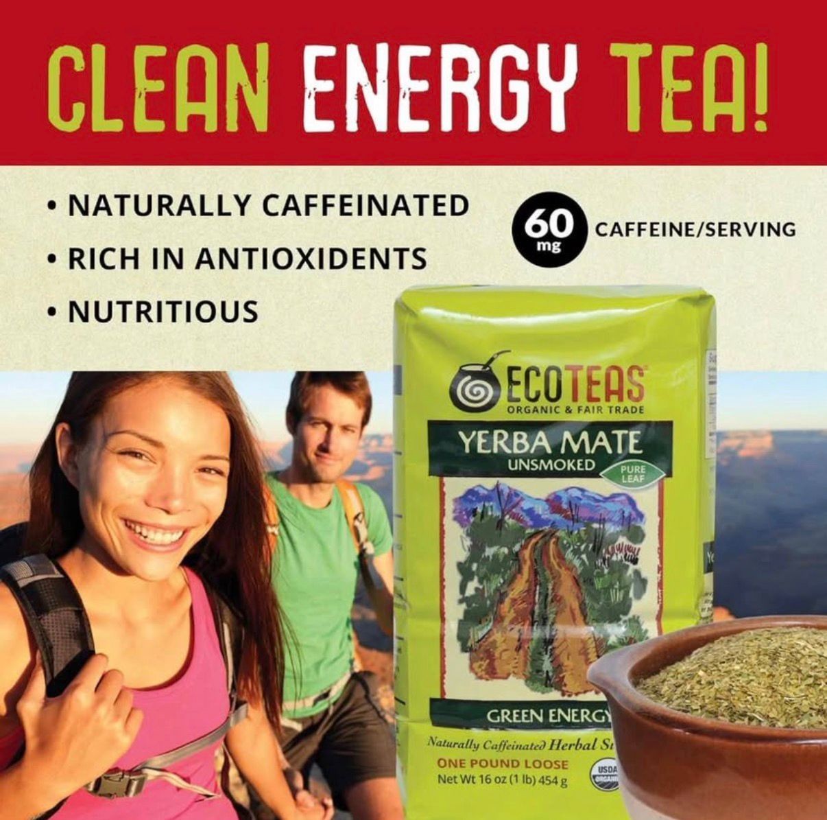 Eco Teas Organic Yerba Mate Tea 3 Pack Loose Leaf Unsmoked 16 oz Exp Nov 2029