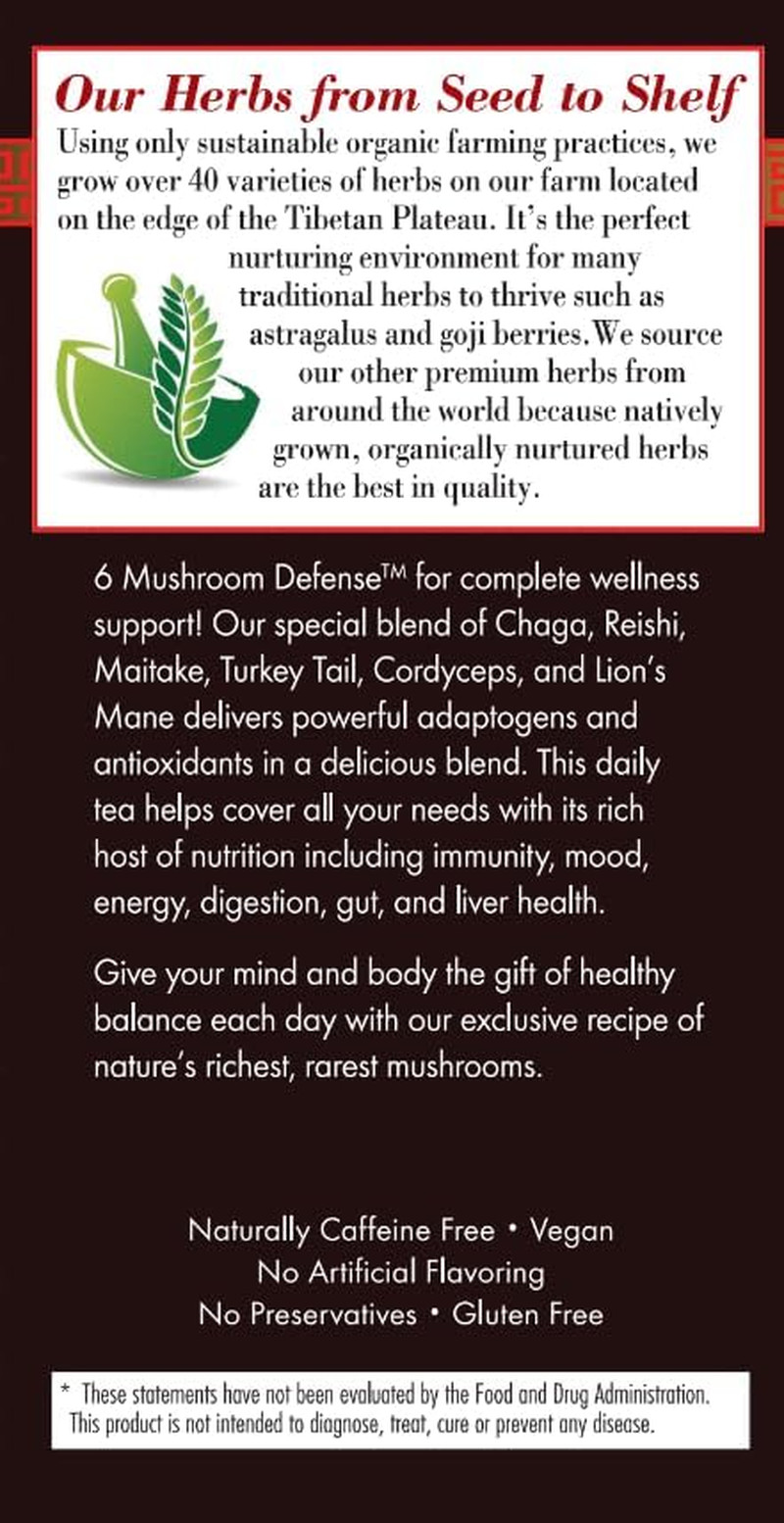 6 Mushroom Defense Herbal Tea, Caffeine Free 20 Tea Bags, 6 Count