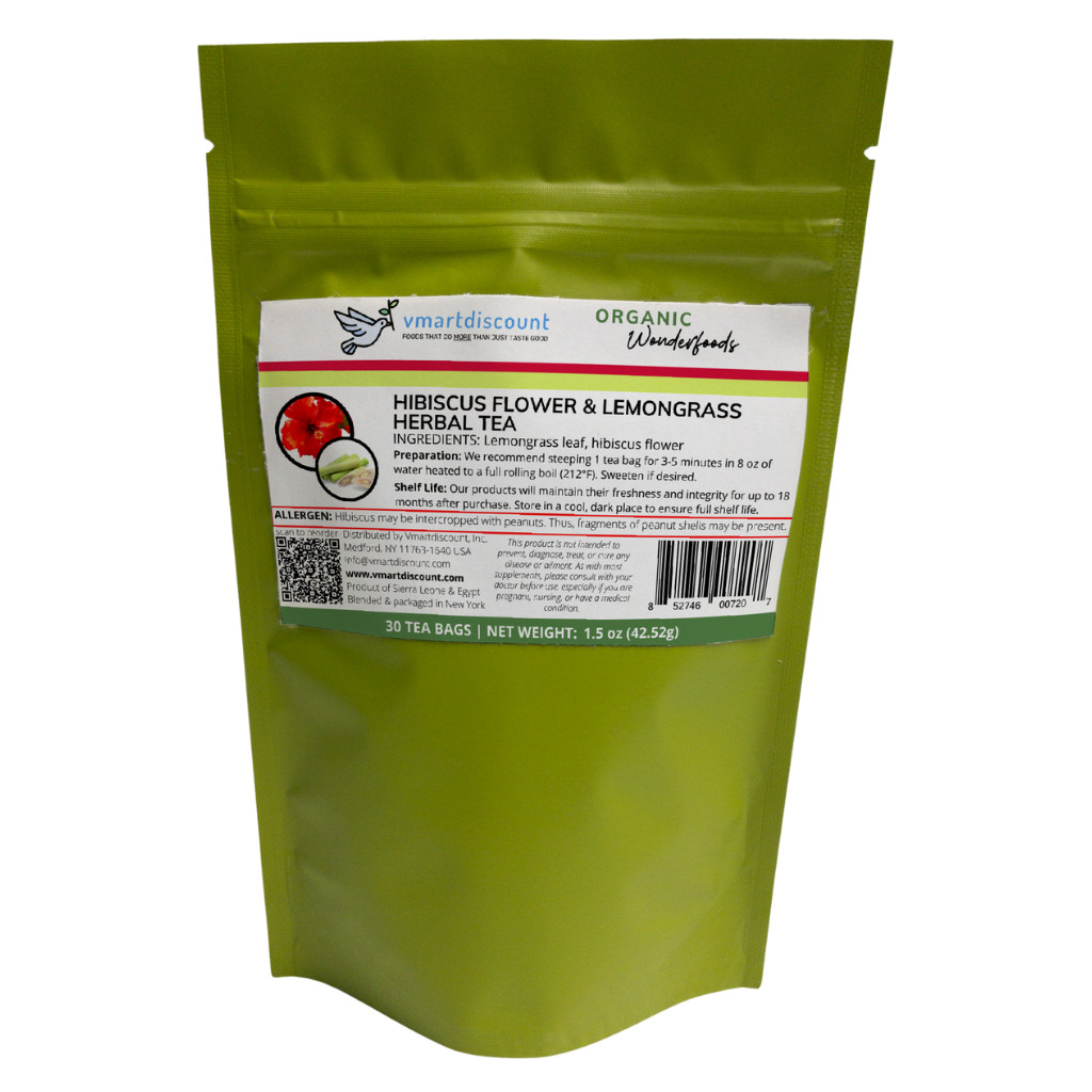 Hibiscus Flower Lemongrass Herbal Tea (30 Tea Bags), Premium All Natural Tea