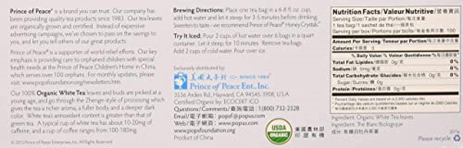 Prince of Peace® Organic White Tea 100ct Assorted Sizes