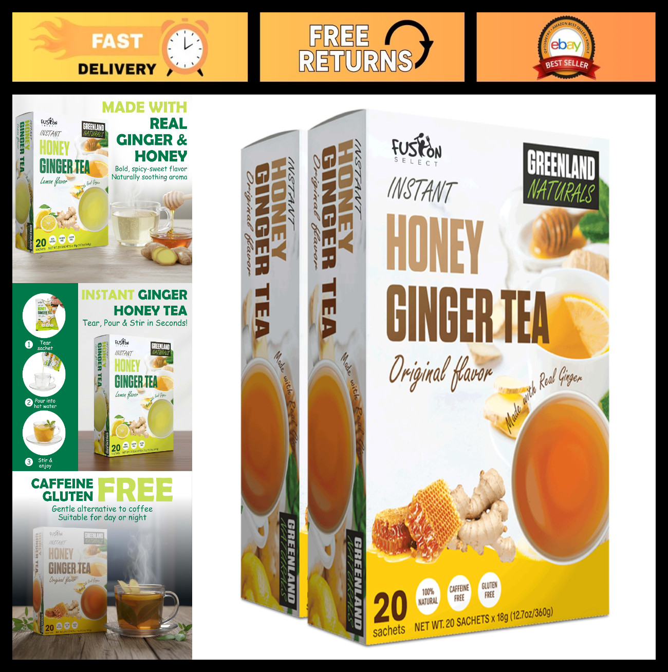 Ginger Honey Crystals – 40 Sachets Instant Drink Mix – Caffeine-Free Crystallize