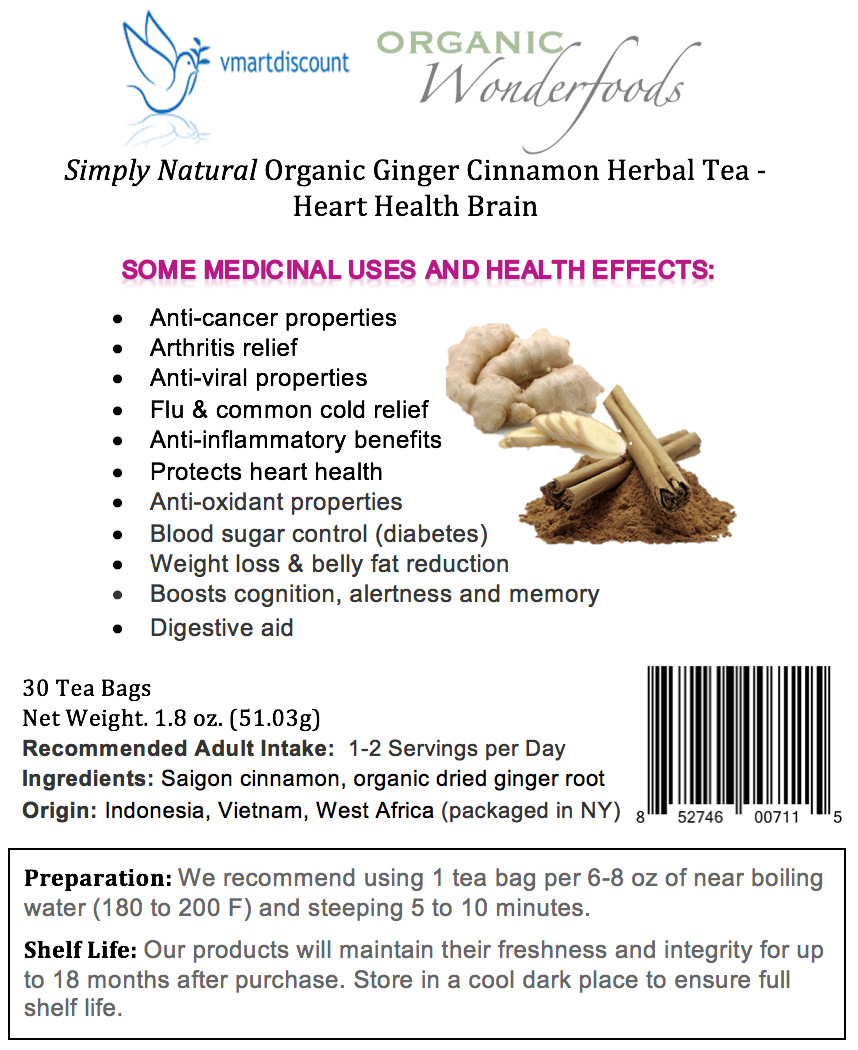 Ginger Cinnamon Herbal Tea (Te de Jengibre y Canela) 30 Tea Bags, Heart Health