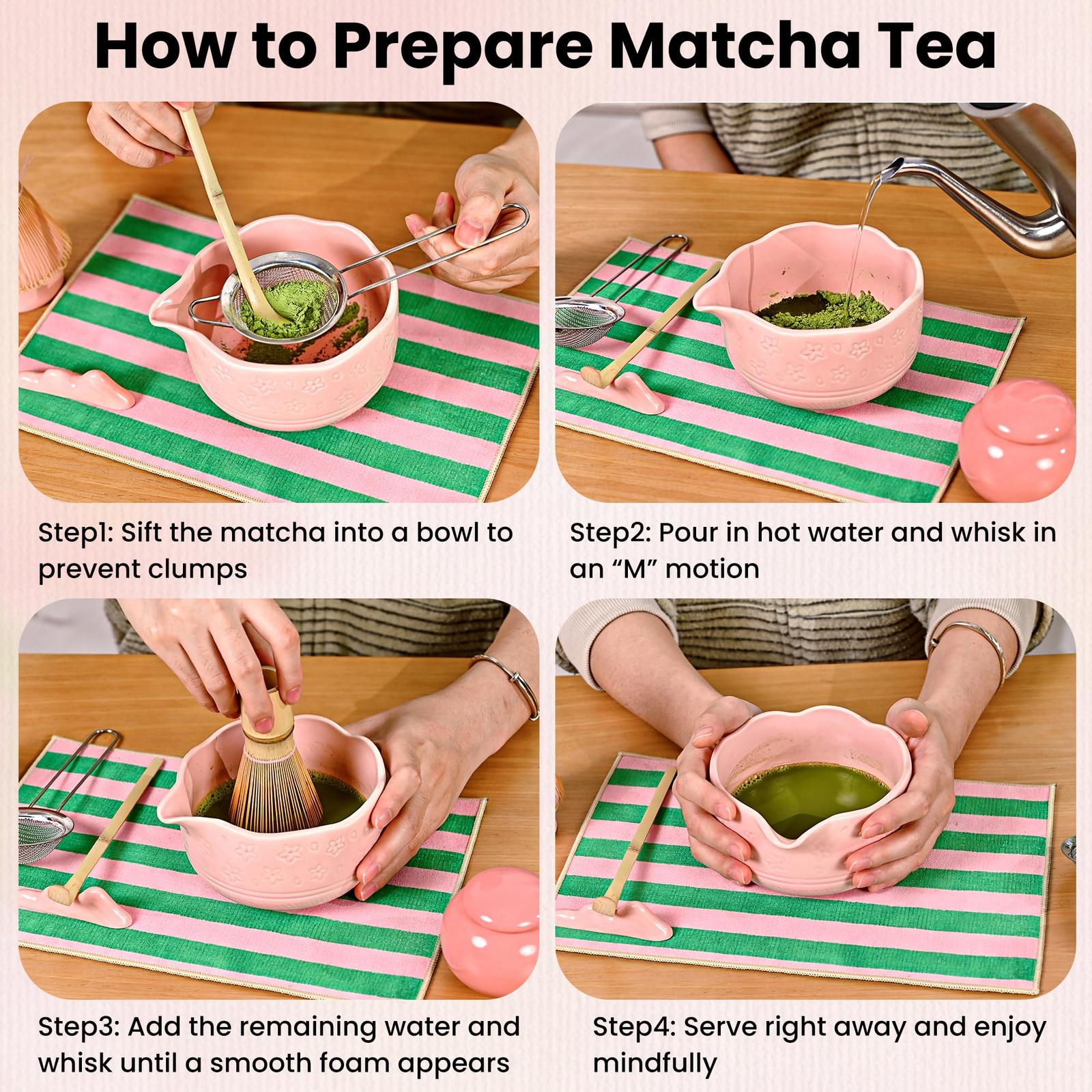 NOVANIA Pink Matcha Whisk Set – 10Pcs Premium Japanese Bamboo Matcha Kit with…