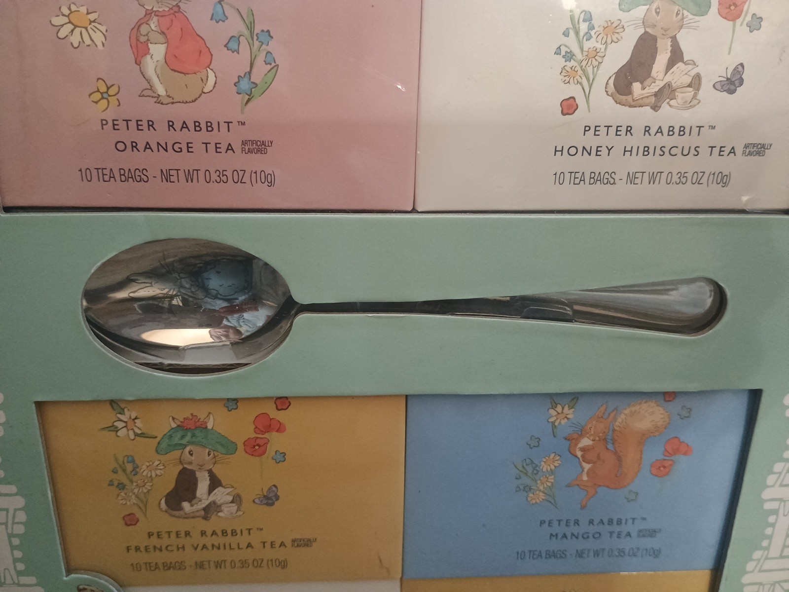BEATRIX POTTER Peter Rabbit Tea time set 80 bags 8 flavors w etched bunny spoon