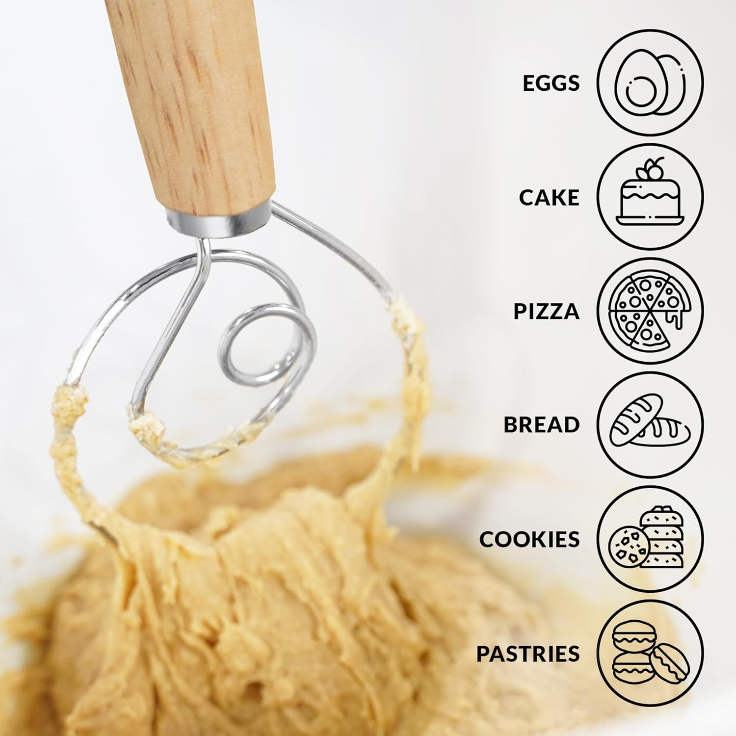 Zulay Kitchen 13-Inch Danish Dough Whisk – Wooden 1 Pack, Rubberwood