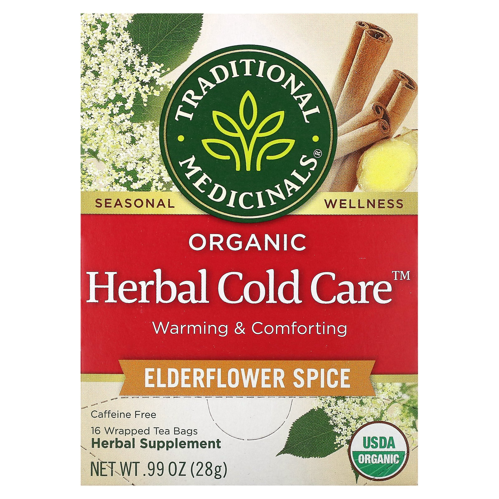 Organic Herbal Cold Care, Elderflower Spice, Caffeine Free, 16 Wrapped Tea Bags,
