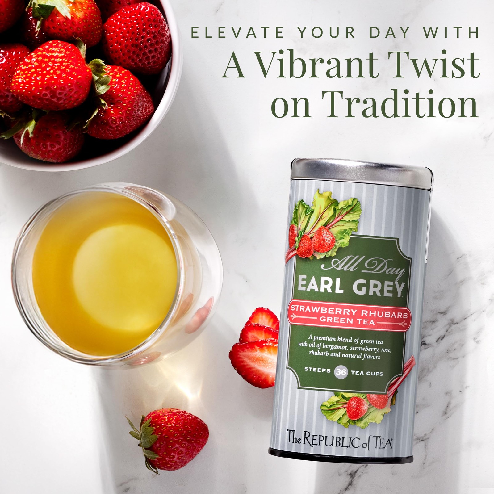 – All Day Earl Grey® Strawberry Rhubarb Green Tea Naturally Caffeinated 36 Te…
