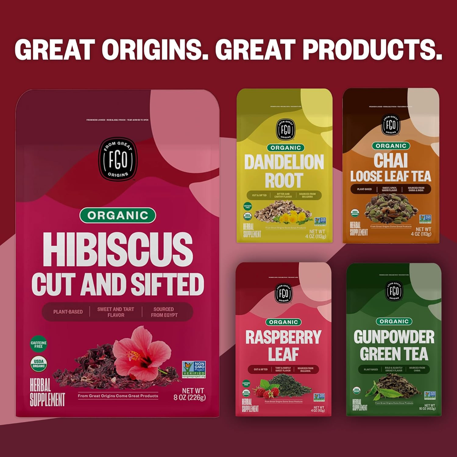 FGO Organic Hibiscus Flowers, Cut and Sifted, Loose Tea, 8Oz Resealable Bag, Pac