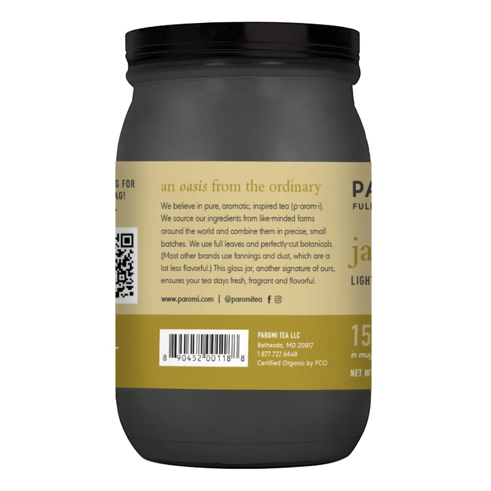 Paromi Organic Jasmine Tea 15 Pyramid Sachets in Signature Glass Jar