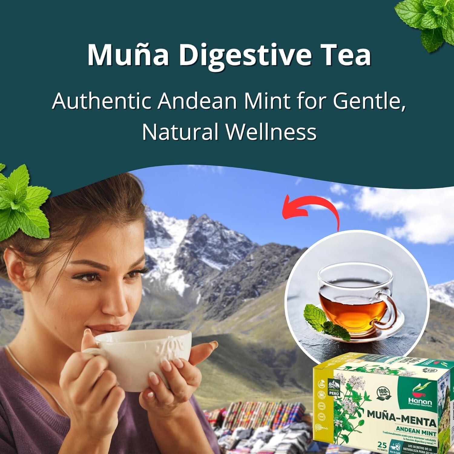 Andean Mint Tea Te de Muña 100 Tea Bags – 100% All Natural Wild Muna Leaves Peru