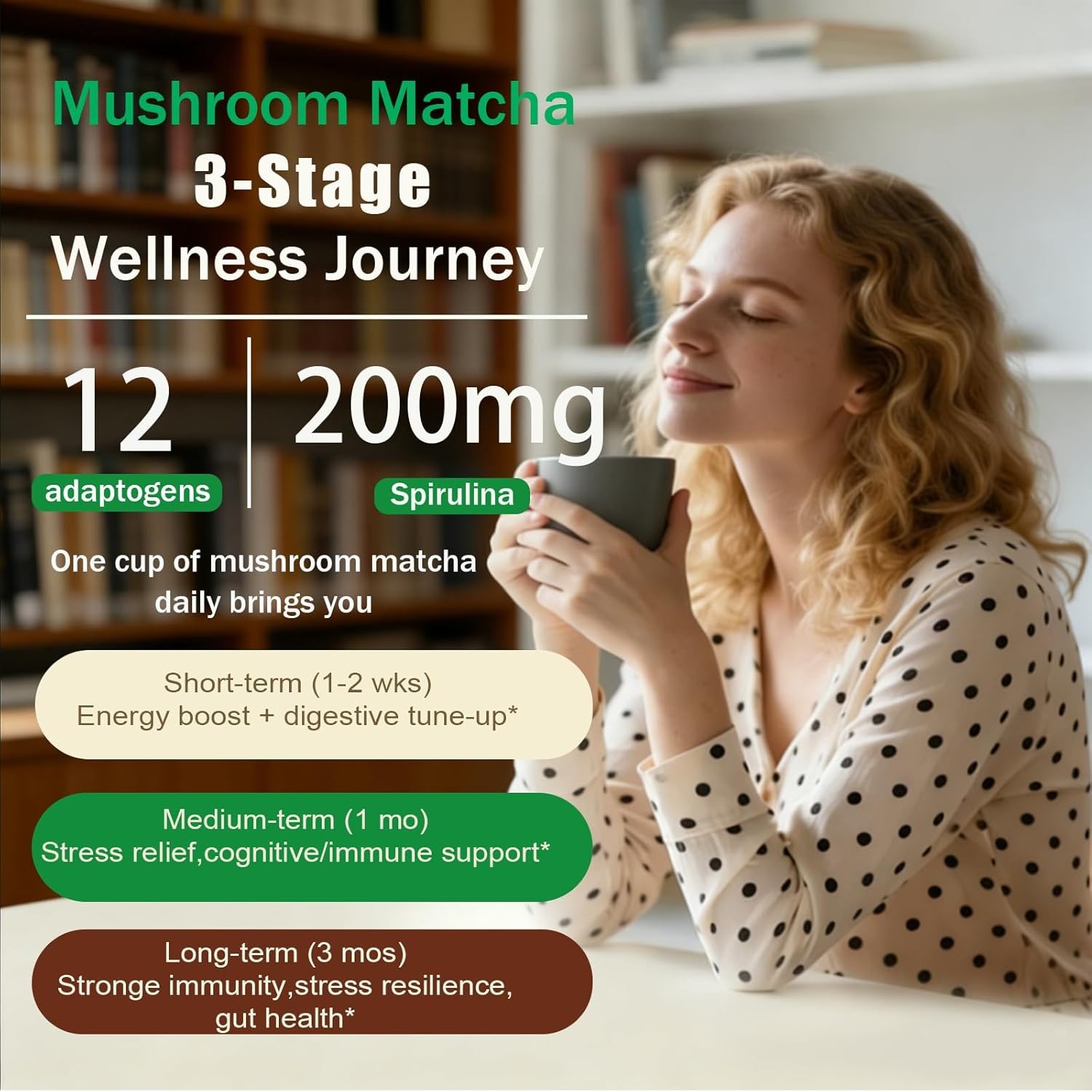 Mushroom Matcha with 12 Mushrooms with Lion’s Mane, Chaga and Matcha Powder